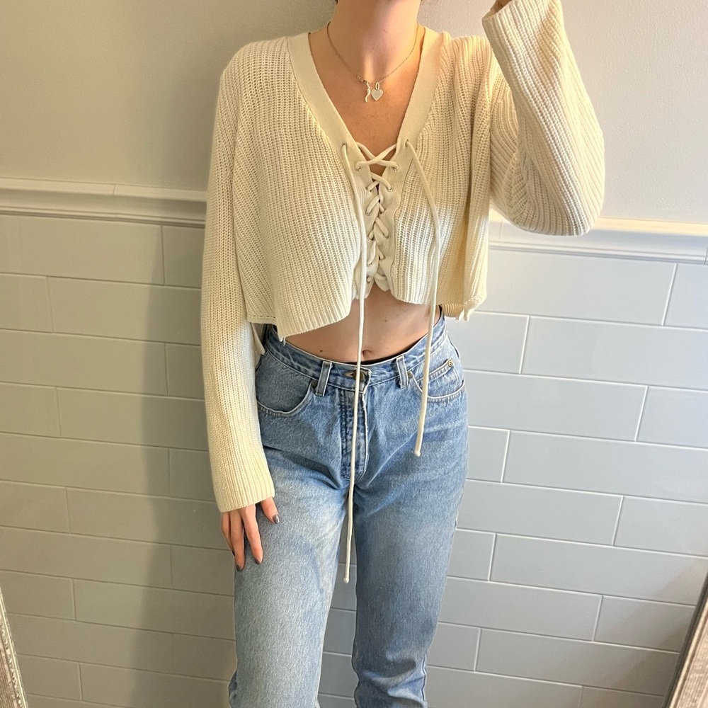 Cream Lace-up Cropped Knit Sweater